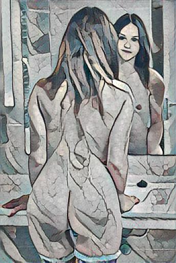 Fine art abstract impressionist nude figure facing a mirror