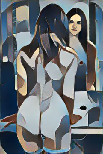 Fine art abstract impressionist nude figure facing a mirror