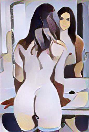 Fine art abstract impressionist nude figure facing a mirror