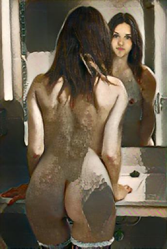 Fine art abstract impressionist nude figure, facing a mirror