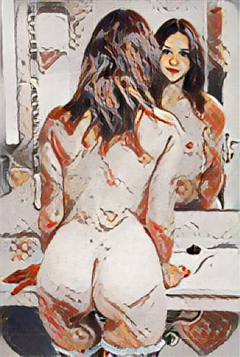 Fine art abstract impressionist nude figure facing a mirror
