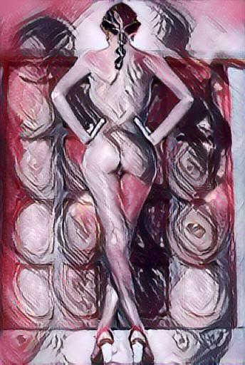 abstract impressionist nude:  Woman from behind at a crossroads.