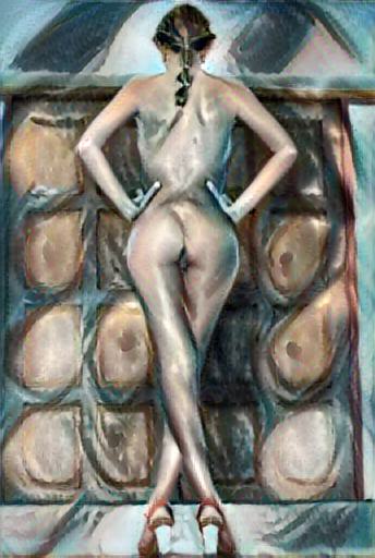 abstract impressionist nude:  Woman from behind at a crossroads.