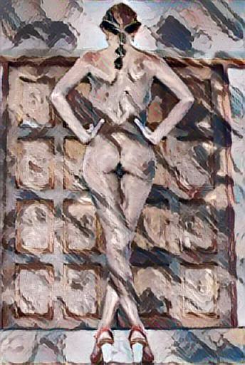 abstract impressionist nude:  Woman from behind at a crossroads.
