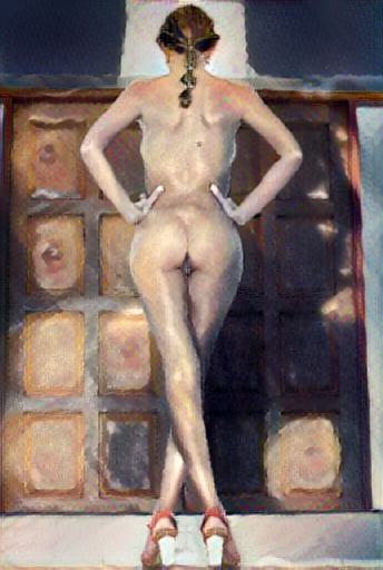 abstract impressionist nude:  Woman from behind at a crossroads.