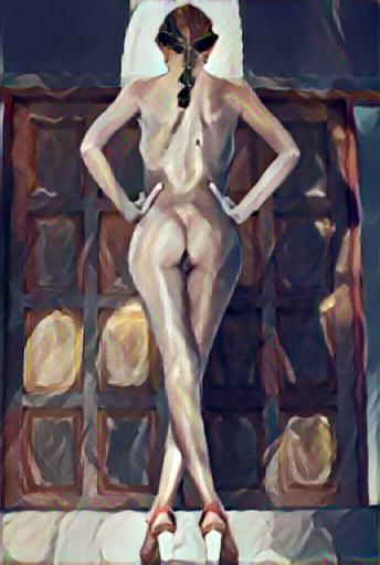 abstract impressionist nude:  Woman from behind at a crossroads.