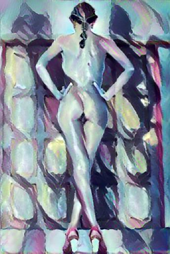 abstract impressionist nude:  Woman from behind at a crossroads.
